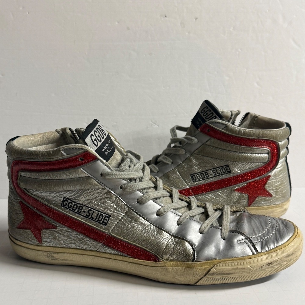 Golden Goose Slide Sneakers Silver Red Glitter Star High Top Zip Side Size 43